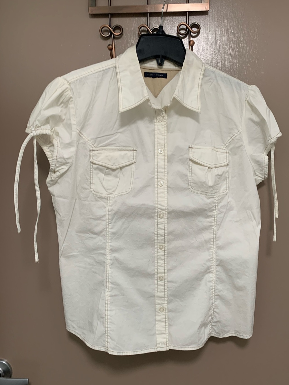 Tommy Hilfiger Off-White Button-Front Shirt Cotton/Spandex M